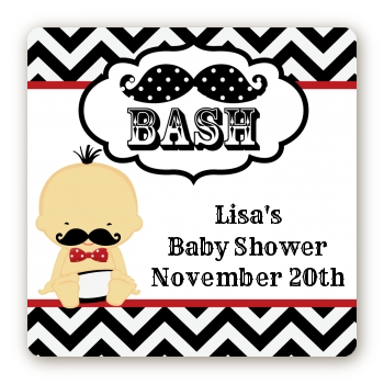  Little Man Mustache Black/Grey - Square Personalized Baby Shower Sticker Labels Caucasian