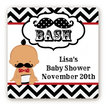  Little Man Mustache Black/Grey - Square Personalized Baby Shower Sticker Labels Caucasian