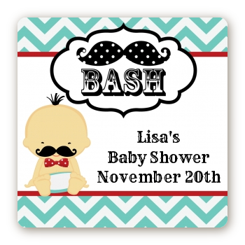  Little Man Mustache - Square Personalized Baby Shower Sticker Labels Caucasian