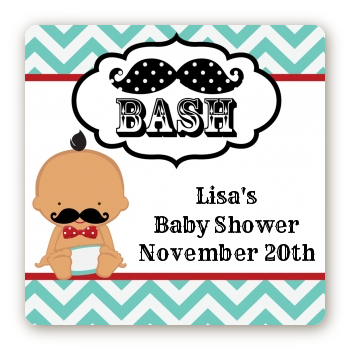  Little Man Mustache - Square Personalized Baby Shower Sticker Labels Caucasian