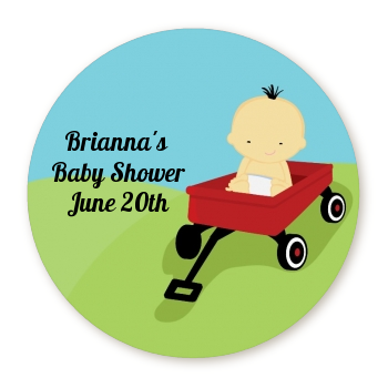  Little Red Wagon - Round Personalized Baby Shower Sticker Labels Caucasian