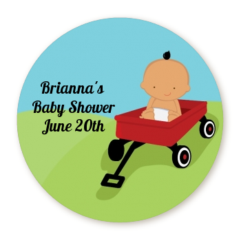  Little Red Wagon - Round Personalized Baby Shower Sticker Labels Caucasian