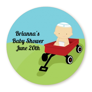  Little Red Wagon - Round Personalized Baby Shower Sticker Labels Caucasian