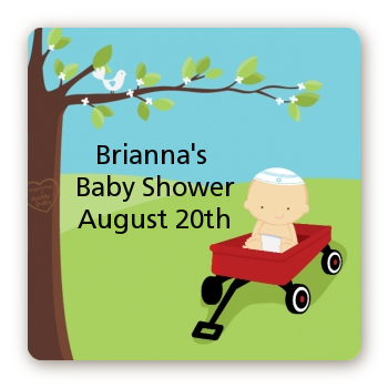  Little Red Wagon - Square Personalized Baby Shower Sticker Labels Caucasian