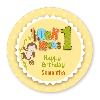  Look Who's Turning One Monkey - Round Personalized Birthday Party Sticker Labels 