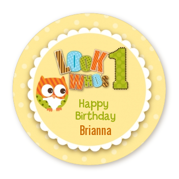  Look Who's Turning One Owl - Round Personalized Birthday Party Sticker Labels 