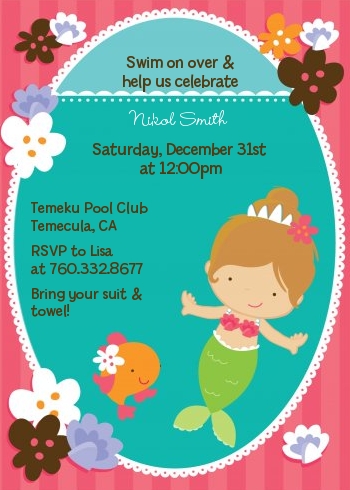 Mermaid Brown Hair - Birthday Party Invitations