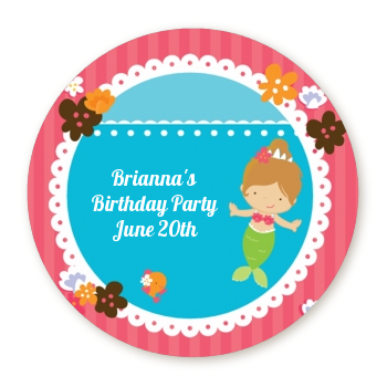  Mermaid Brown Hair - Round Personalized Birthday Party Sticker Labels 