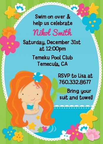 Mermaid Red Hair - Birthday Party Invitations