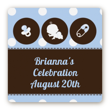 Modern Baby Boy Blue Polka Dots - Square Personalized Baby Shower Sticker Labels