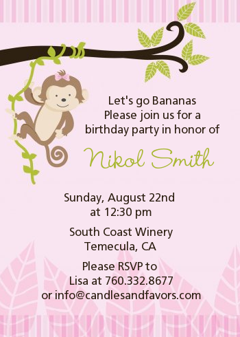 Monkey Girl - Birthday Party Invitations