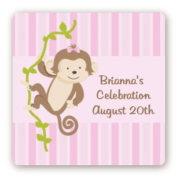 Monkey Girl - Square Personalized Baby Shower Sticker Labels