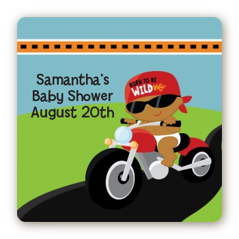 Motorcycle African American Baby Boy - Square Personalized Baby Shower Sticker Labels