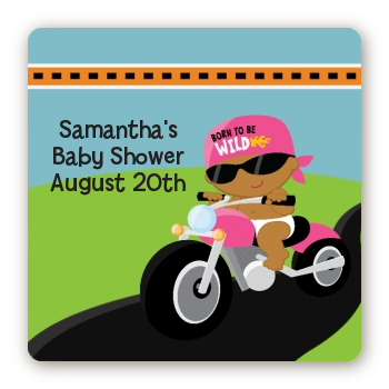 Motorcycle African American Baby Girl - Square Personalized Baby Shower Sticker Labels