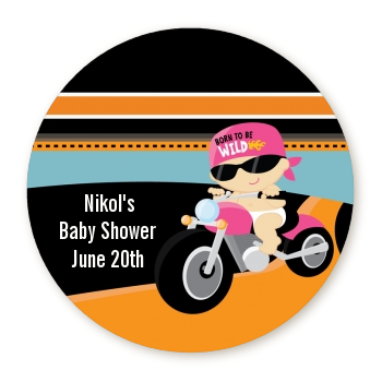  Motorcycle Baby Girl - Round Personalized Baby Shower Sticker Labels 