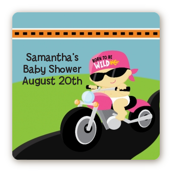 Motorcycle Baby Girl - Square Personalized Baby Shower Sticker Labels