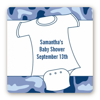 Baby Outfit Blue Camo - Square Personalized Baby Shower Sticker Labels