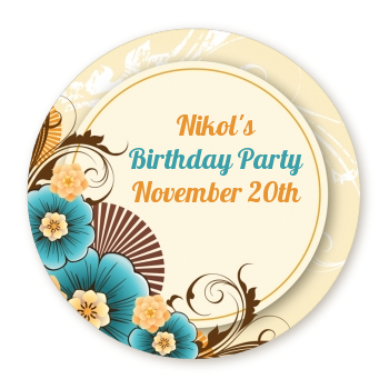  Orange & Blue Floral - Round Personalized Birthday Party Sticker Labels 