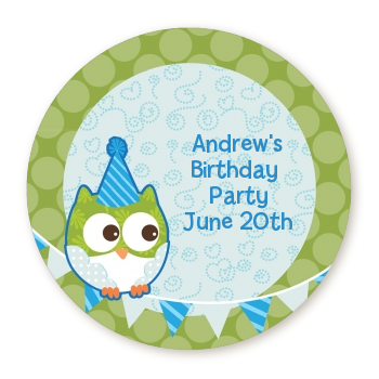  Owl Birthday Boy - Round Personalized Birthday Party Sticker Labels 