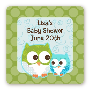 Owl - Look Whooo's Having A Boy - Square Personalized Baby Shower Sticker Labels