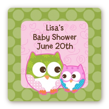 Owl - Look Whooo's Having A Girl - Square Personalized Baby Shower Sticker Labels