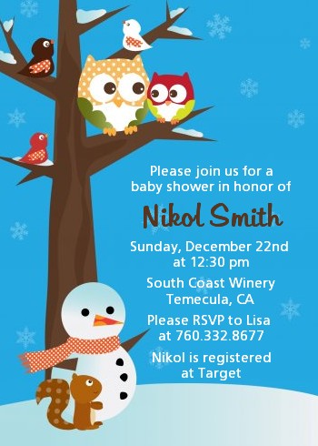 Owl - Winter Theme or Christmas - Baby Shower Invitations