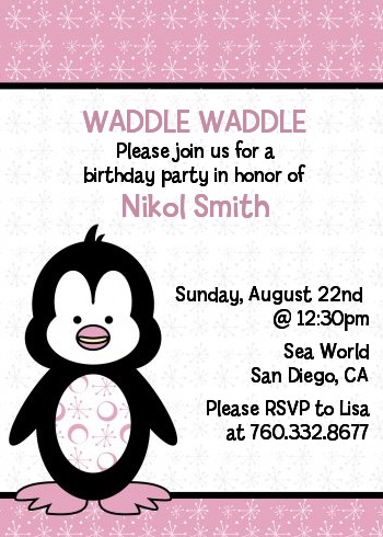 Penguin Pink - Birthday Party Invitations