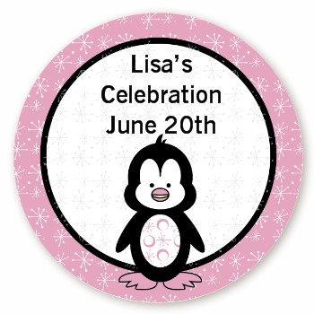  Penguin Pink - Round Personalized Birthday Party Sticker Labels 