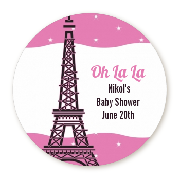  Pink Poodle in Paris - Round Personalized Baby Shower Sticker Labels 