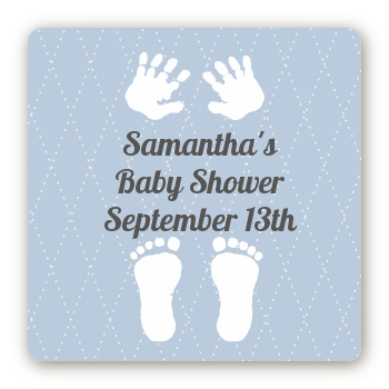 Baby Feet Pitter Patter Blue - Square Personalized Baby Shower Sticker Labels