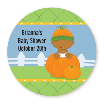  Pumpkin Baby African American - Round Personalized Baby Shower Sticker Labels 