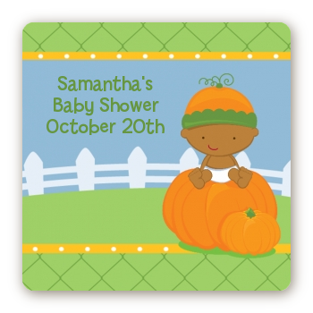 Pumpkin Baby African American - Square Personalized Baby Shower Sticker Labels