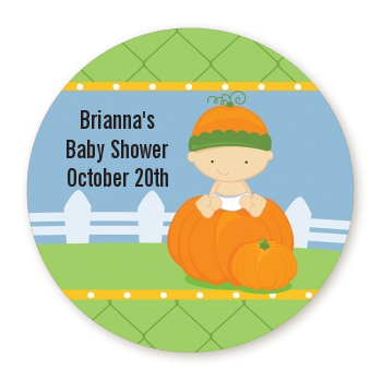  Pumpkin Baby Caucasian - Round Personalized Baby Shower Sticker Labels 