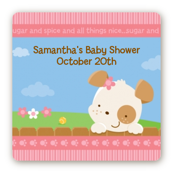 Puppy Dog Tails Girl - Square Personalized Baby Shower Sticker Labels