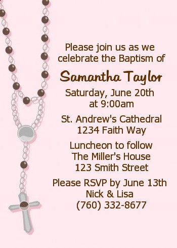 Rosary Beads Pink - Baptism / Christening Invitations