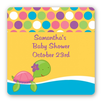 Sea Turtle Girl - Square Personalized Baby Shower Sticker Labels