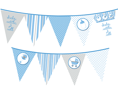 Shake, Rattle & Roll Blue - Baby Shower Themed Pennant Set