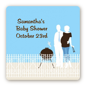 Silhouette Couple BBQ Boy - Square Personalized Baby Shower Sticker Labels