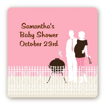 Silhouette Couple BBQ Girl - Square Personalized Baby Shower Sticker Labels