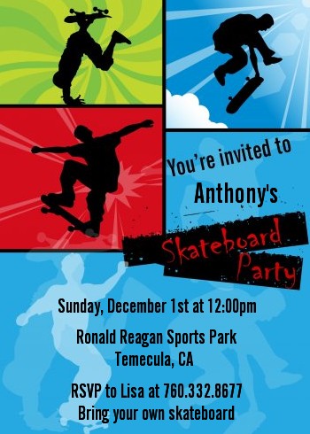 Skateboard - Birthday Party Invitations