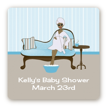 Spa Mom Blue African American - Square Personalized Baby Shower Sticker Labels