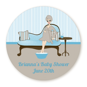  Spa Mom Blue - Round Personalized Baby Shower Sticker Labels 