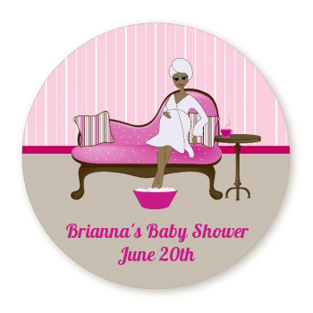  Spa Mom Pink African American - Round Personalized Baby Shower Sticker Labels 