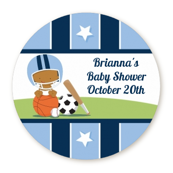  Sports Baby African American - Round Personalized Baby Shower Sticker Labels 