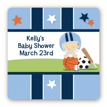 Sports Baby Caucasian - Square Personalized Baby Shower Sticker Labels