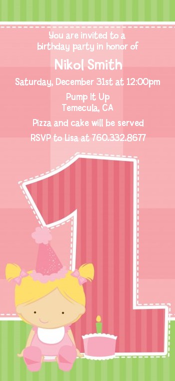  1st Birthday Girl - Birthday Party Tall Invitations 