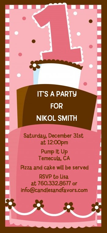  1st Birthday Topsy Turvy Pink Cake - Birthday Party Tall Invitations 