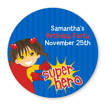  Superhero Girl - Round Personalized Birthday Party Sticker Labels 