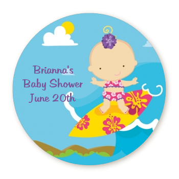  Surf Girl - Round Personalized Baby Shower Sticker Labels 