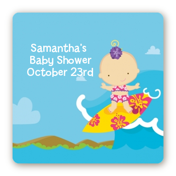 Surf Girl - Square Personalized Baby Shower Sticker Labels